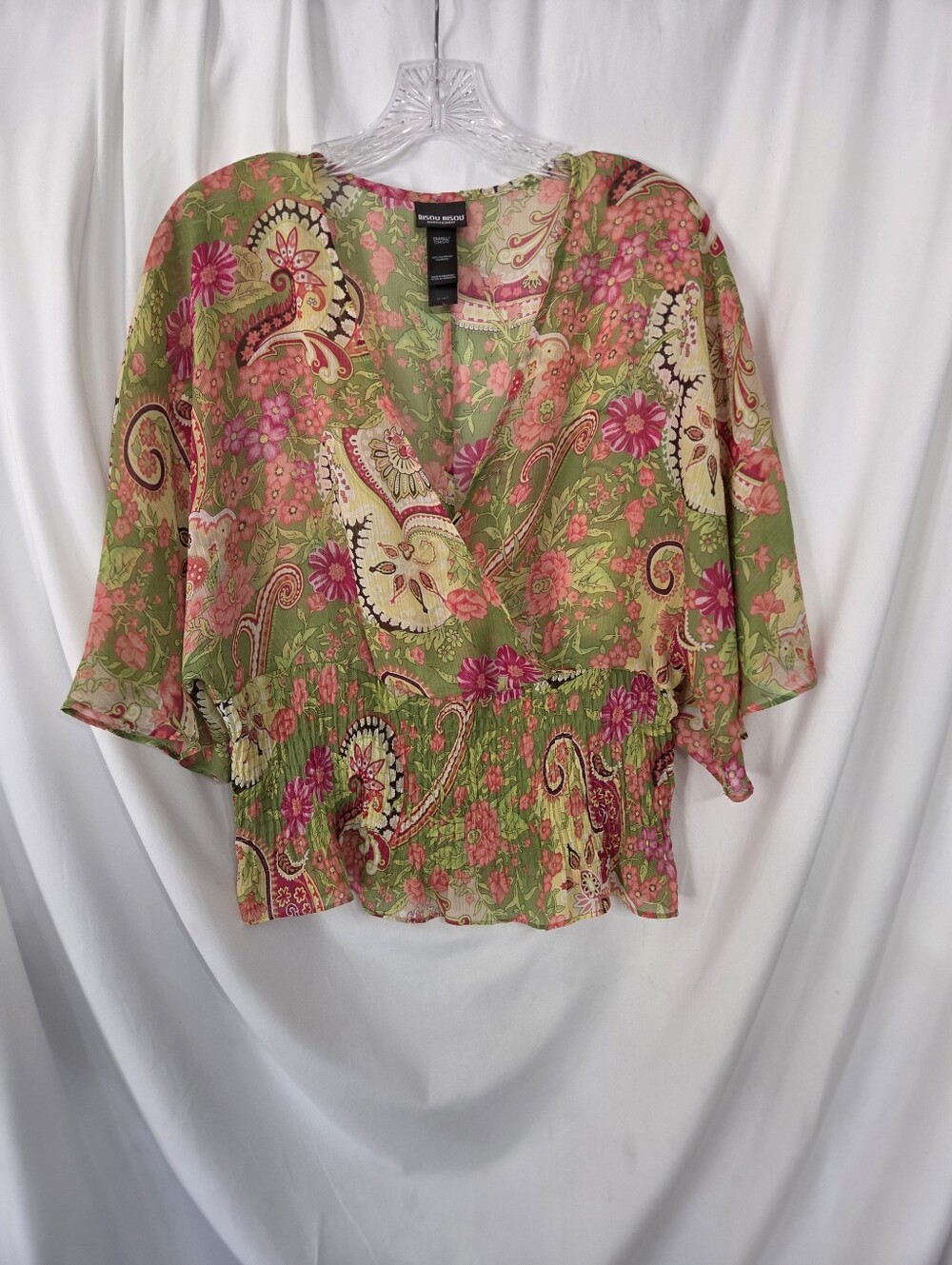 Bisou Bisou Green/ Pink Paisley V-Neck  Y2k Boho Blouse Size S